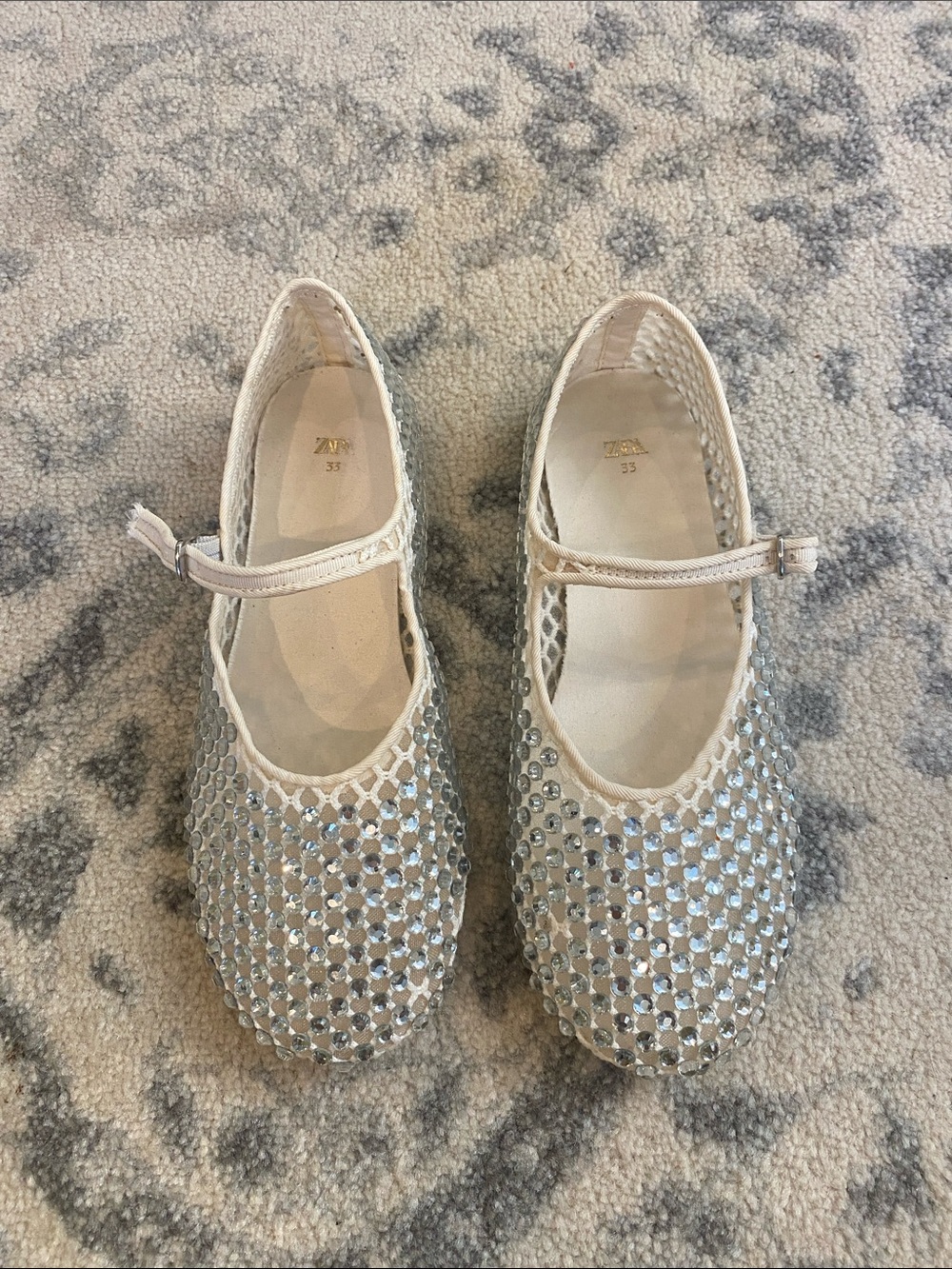 Zara Cream Mary Jane Shoes with Silver Rhinestones